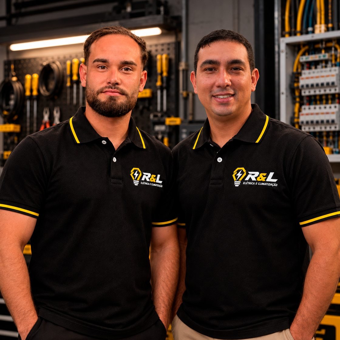 Letierre, à esquerda, e Rafael, à direita, sócios da R&L Climatização e Elétrica, com o uniforme da empresa